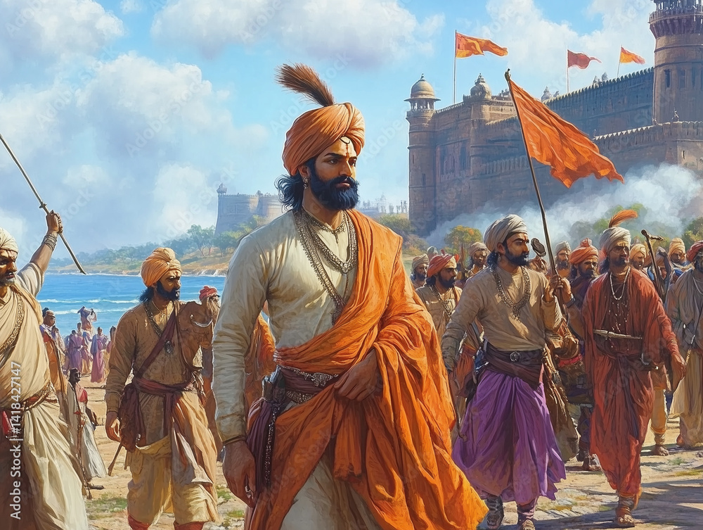 Obraz premium AI-generated illustrations of Chhatrapati Shivaji Maharaj, the legendary Maratha warrior king of Maharashtra, depicting his valor, leadership, and historical significance.