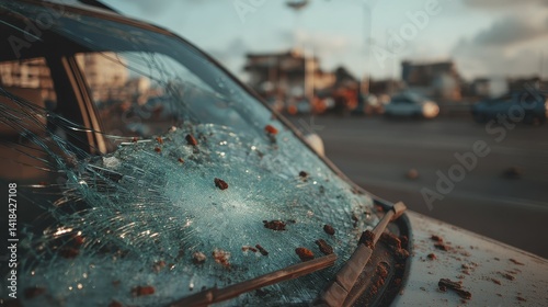 Close-up of a shattered car windshield with spiderweb cracks - cracks dangerous investigation automobile