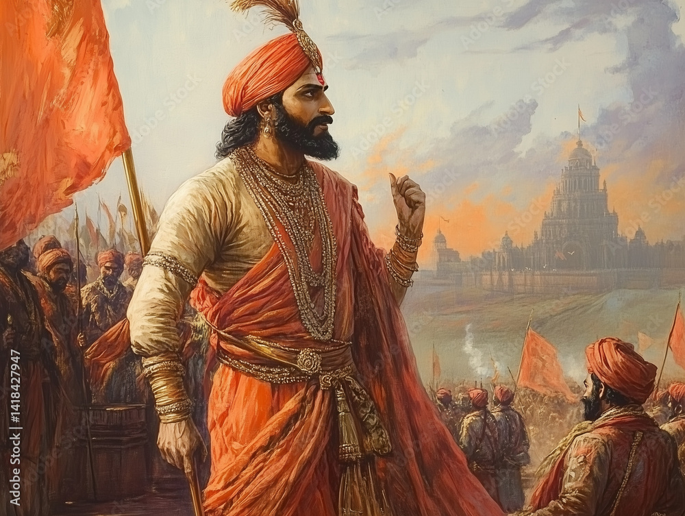 Fototapeta premium AI-generated illustrations of Chhatrapati Shivaji Maharaj, the legendary Maratha warrior king of Maharashtra, depicting his valor, leadership, and historical significance.