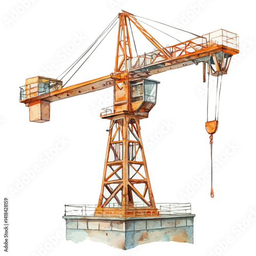 Building Crane With Heavy Load, vector watercolor illustration, isolated on a white background.
