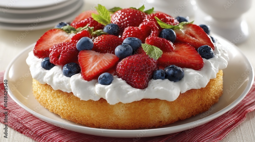 Light and airy sponge cake with fresh berries and whipped cream, summery feel - elegant cream white Light and airy sponge cake with fresh berries and whipped cream, summery feel - elegant cream white