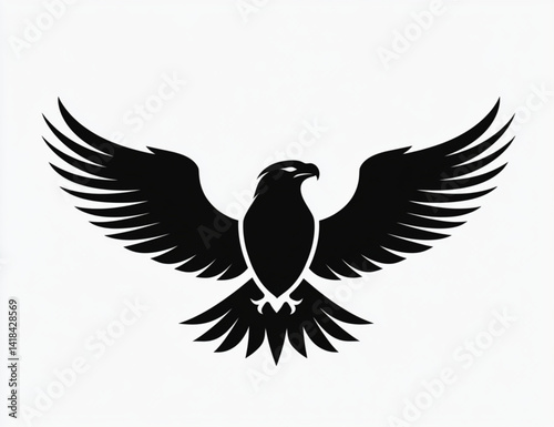 Black silhouette of an eagle with its wings spread wide on a white background