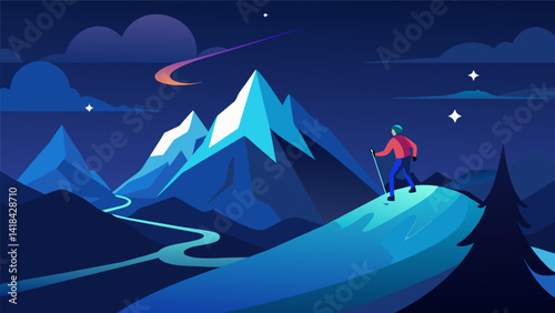 Gliding down a virtual mountain at night the stars shining above and the glowing ski trails carving through the darkness.. Vector illustration