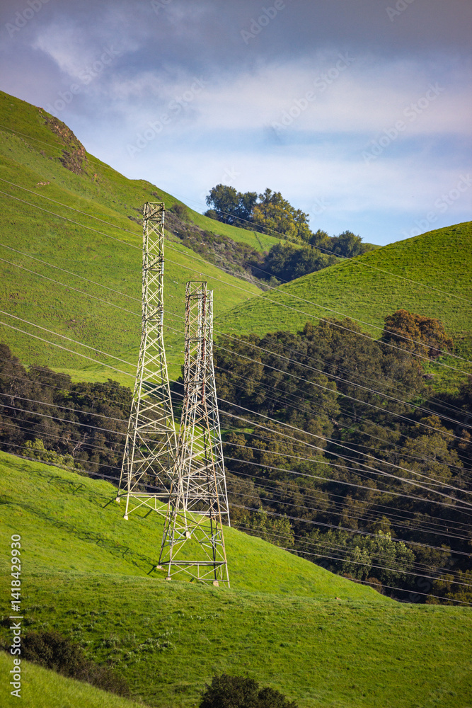 Rolling green hills with power lines stretching across the Bay Area landscape