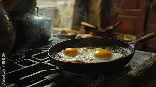 Two fried eggs cooking in a cast iron skillet on a stove top in a rustic kitchen setting indoors