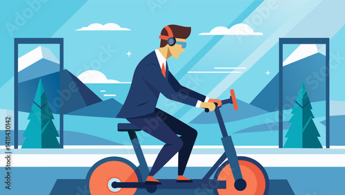 A man wearing a suit and VR headset pedaling on a stationary bike in the office gym virtually racing through scenic landscapes for a quick cardio. Vector illustration