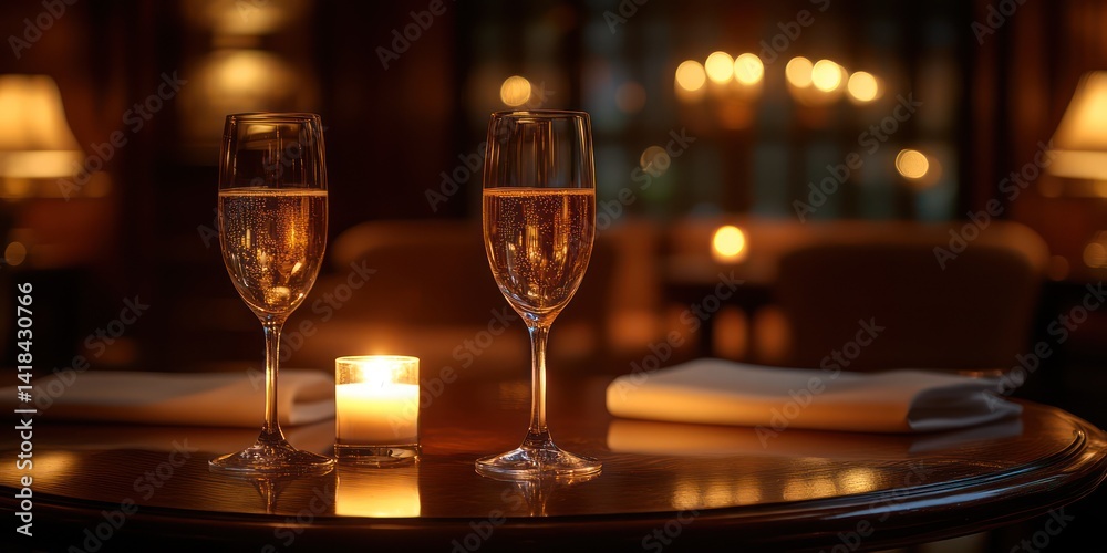 Champagne flutes on a table with candles Champagne flutes on a table with candles