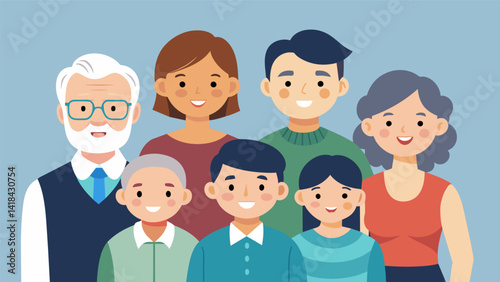 A cherished moment captured in time with a multigenerational family portrait featuring grandparents parents and grandchildren.. Vector illustration