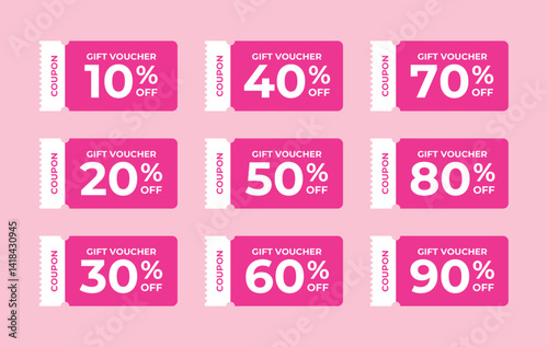 Contains nine pink gift voucher coupons with 10 20 30 40 50 60 70 80 and 90 percent off.