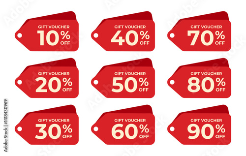 Nine red gift voucher tags with percentages off.