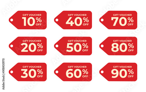 Nine red gift voucher tags with percentages off.
