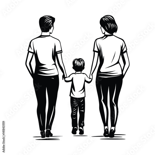 Creating Detailed Vector Family Walking Away Graphics: Designing Full-Body Illustrations of Parents and Child Holding Hands.
