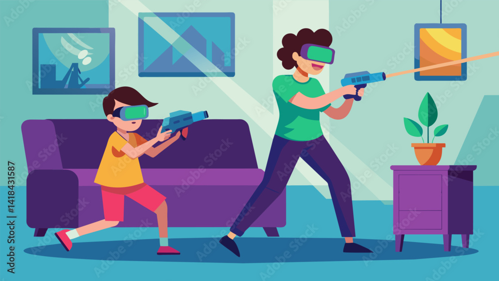 A pair of siblings playfully battle it out in a virtual game of laser tag ducking and dodging behind obstacles in their living room thanks to VR. Vector illustration