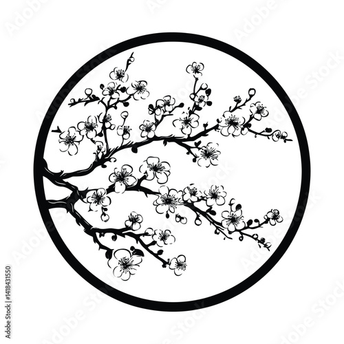Creating Minimalist Vector Plum Blossom Circle Design: Elegant Floral Illustrations for Spring and Decorative Art.
