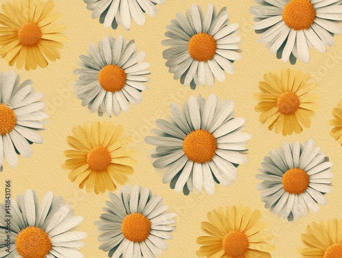 Cheerful flower pattern with daisies in various colors on a yellow background, evoking a spring or summer feeling.