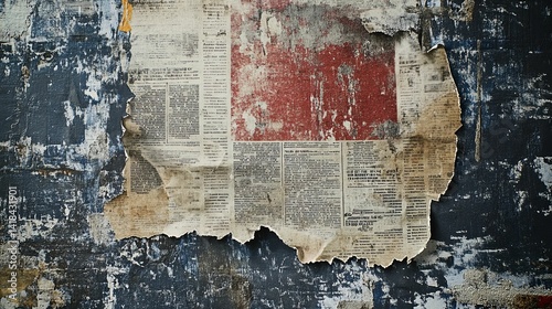 Faded newspaper fragments adhered to a weathered surface.