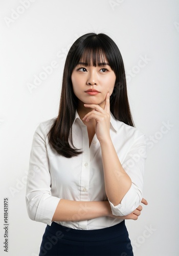 A beautiful Asian office worker woman is thinking about getting an idea for a future business plan.