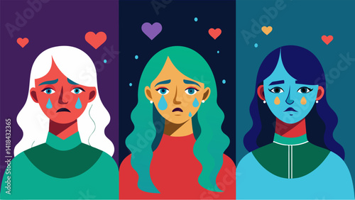A series of digital paintings each representing a different stage of grief and healing created through the use of emotion tracking technology.. Vector illustration