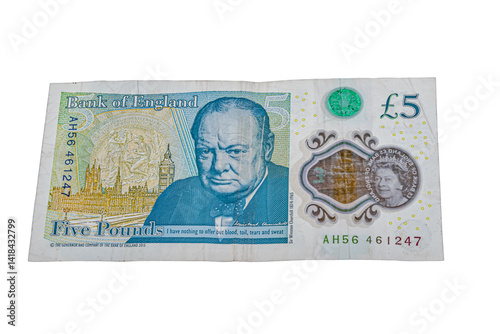 Polymer five pounds banknote from the Bank of England featuring Winston Churchill's portrait, Big Ben clock tower, a quote from his 1940 speech, a transparent window, and security holograms.