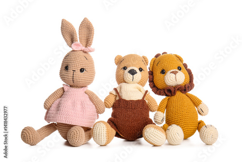 Obraz na płótnie Set of cute knitted toys on white background w salonie