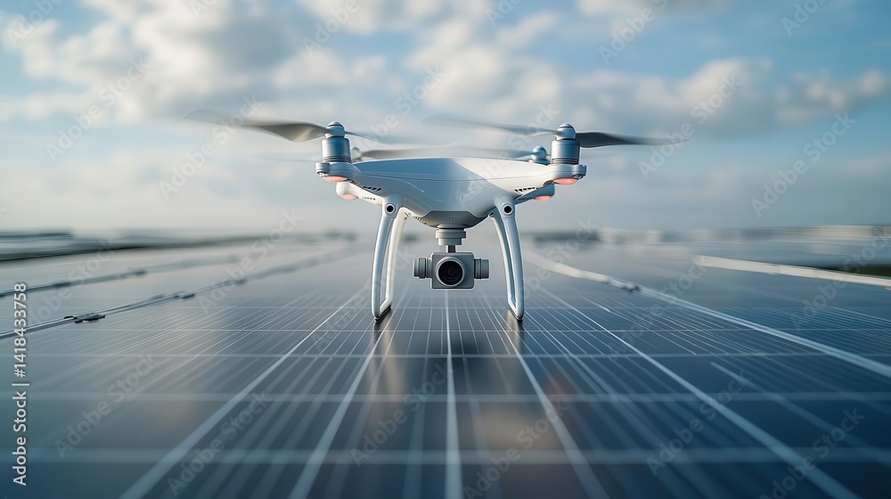 A technician using a drone to inspect a solar panel installation, Renewable Energy, Hightech and efficient