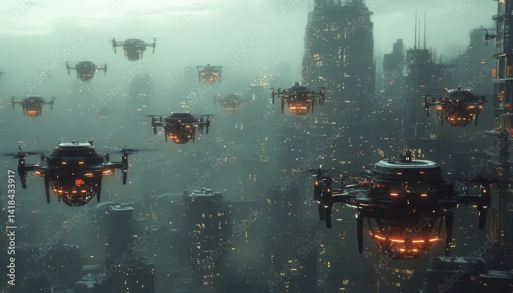 A wideangle shot of a drone swarm flying over a smart city, Drone Technology, Advanced and automated