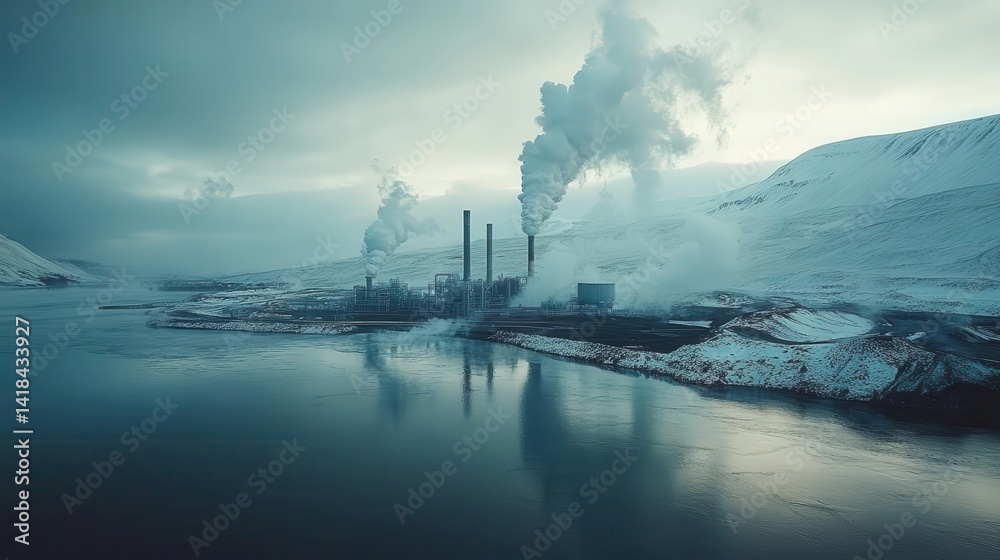A wideangle shot of a geothermal energy plant in a volcanic landscape, Geothermal Energy, Powerful and renewable
