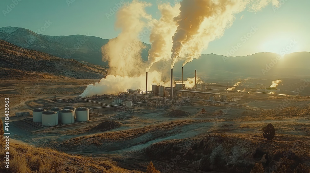 A wideangle shot of a geothermal energy plant in a volcanic landscape, Geothermal Energy, Powerful and renewable