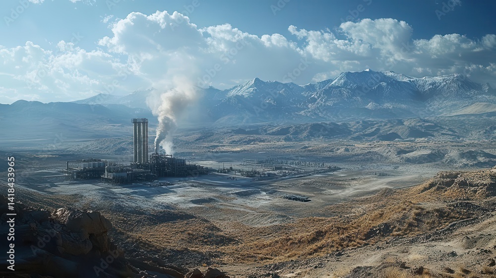 A wideangle shot of a geothermal energy plant in a volcanic landscape, Geothermal Energy, Powerful and renewable