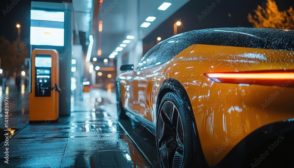 A wideangle shot of a hydrogen fuel cell vehicle being refueled at a clean energy station, Hydrogen Energy, Innovative and futuristic