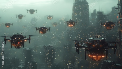 Obraz na płótnie A wideangle shot of a drone swarm flying over a smart city, Drone Technology, Advanced and automated w salonie