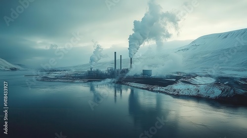 A wideangle shot of a geothermal energy plant in a volcanic landscape, Geothermal Energy, Powerful and renewable