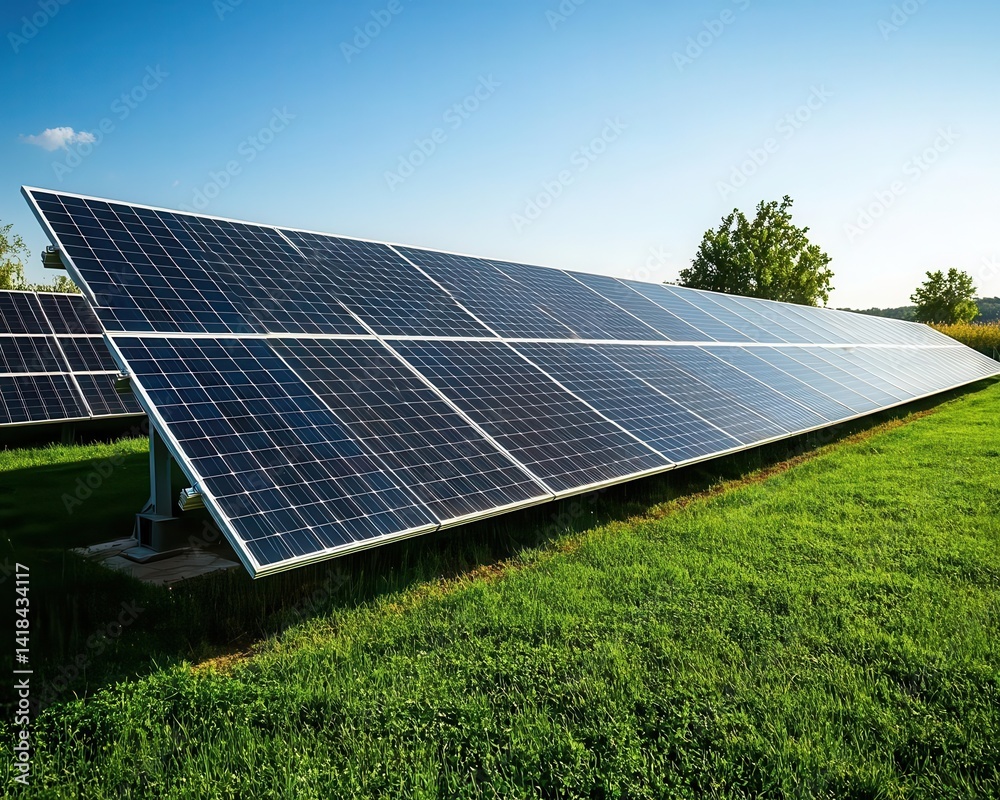 A wideangle shot of a solar farm with rows of panels under a clear sky, Solar Energy, Sustainable and scalable