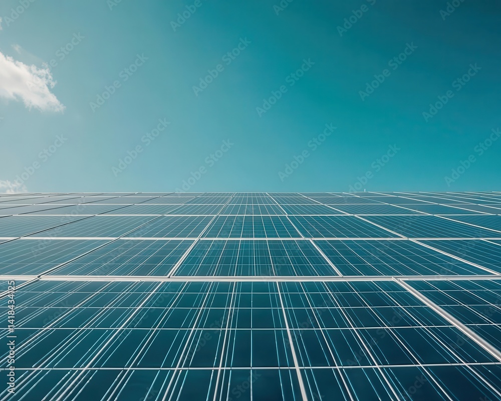 A wideangle shot of a solar farm with rows of panels under a clear sky, Solar Energy, Sustainable and scalable