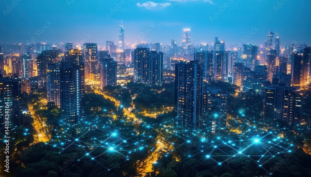 Obraz premium A wideangle shot of an innovative smart grid powering a modern city, Smart Grid, Connected and advanced