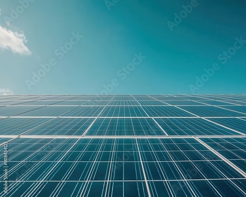 A wideangle shot of a solar farm with rows of panels under a clear sky, Solar Energy, Sustainable and scalable