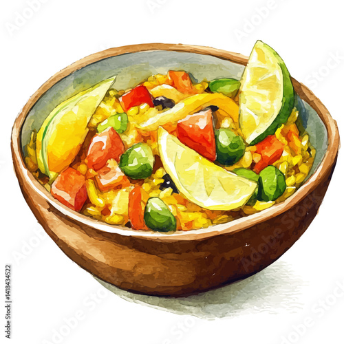 Bowl Of Paella With Lemon Wedges, vector watercolor illustration, isolated on a white background.