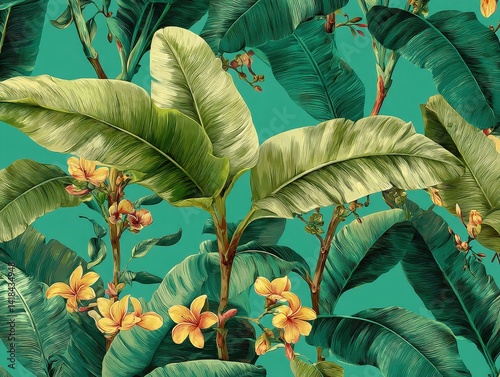 Lush tropical foliage with large green leaves and exotic yellow flowers, creating a vibrant botanical pattern. 