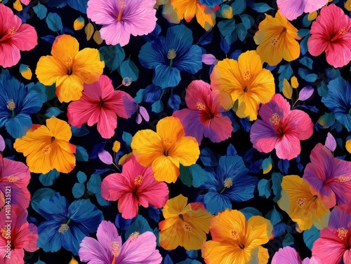 Floral explosion with hibiscuses of various vibrant colors arranged in a dense and detailed composition, rich in texture and botanical beauty.