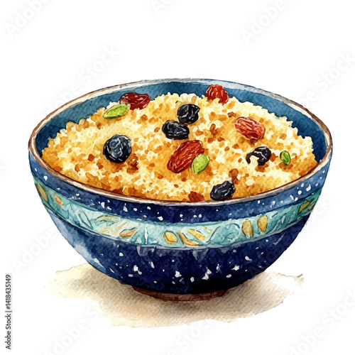 Bowl Of Couscous With Dried Fruit, vector watercolor illustration, isolated on a white background.