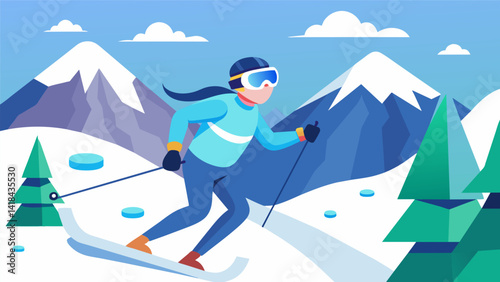 A VR skiing program that lets users practice carving and navigating through different types of terrain helping them become more confident and skillful. Vector illustration