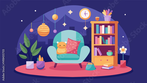 A cozy reading corner provides a quiet retreat for little ones to snuggle up with a book and let their imaginations run wild.. Vector illustration