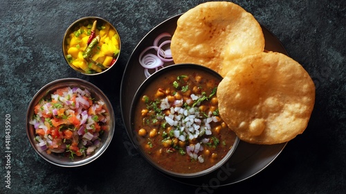 Spicy Indian chole bhature onion salad and mango pickle Punjabi style lunch dish served hot on dark granite background deep shadows and sharp highlights top down view