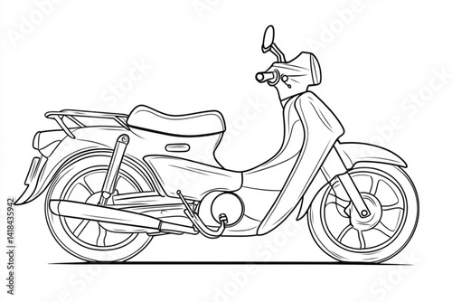 A line drawing of a classic moped with a seat and handlebars on a white background