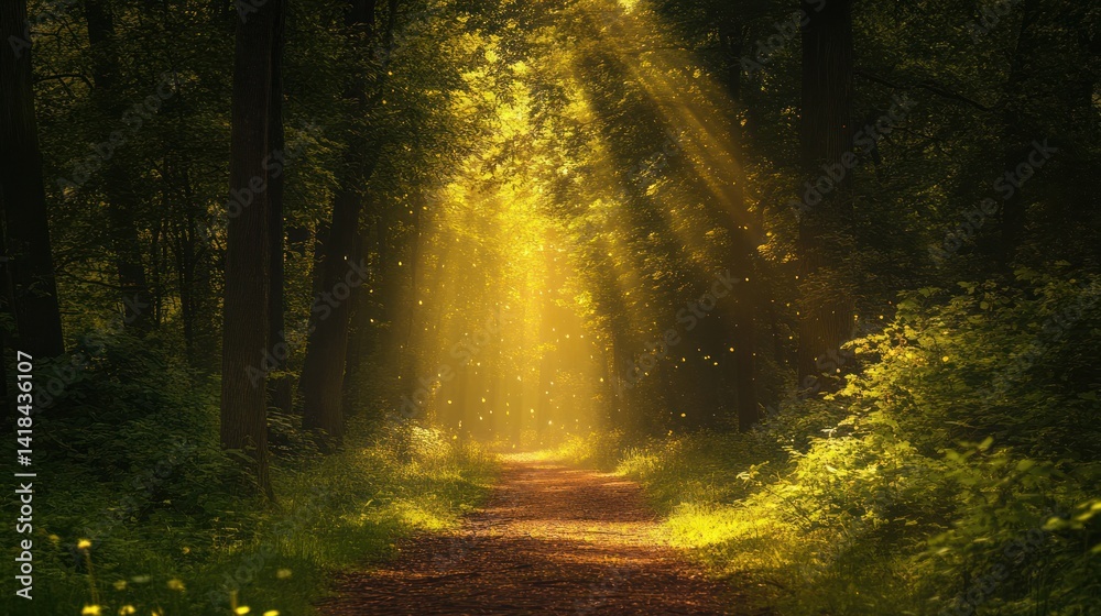Obraz premium Sunlit Forest Path with Rays of Golden Sunlight Shining Through Trees