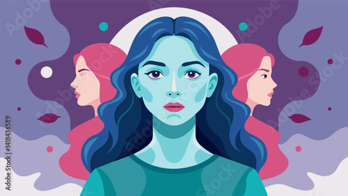 A watercolor portrait of a woman with multiple faces inspired by the concept of lucid dreaming.. Vector illustration