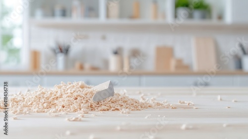 Close-up of a light-colored wooden surface with sawdust and a broken piece.