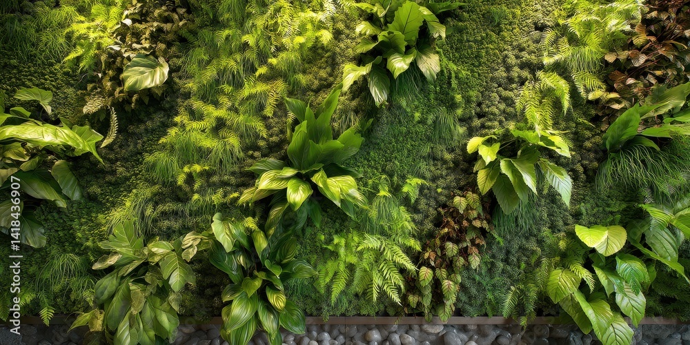 Obraz premium A vibrant wall of greenery featuring a variety of lush plants, ferns, and moss, creating a serene and natural indoor environment.