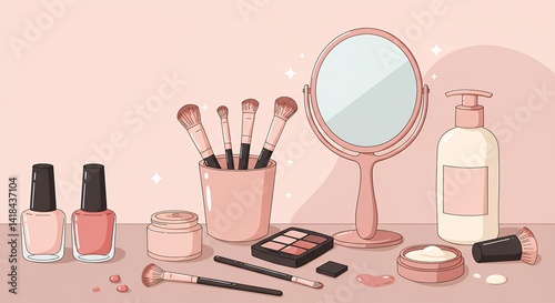 Makeup Tools and Cosmetics Still Life in Pink Hues
