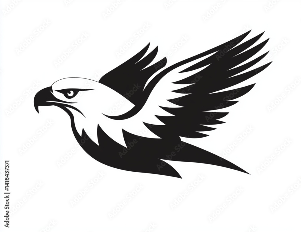 Fototapeta premium A stylized black and white illustration of an eagle in flight with spread wings